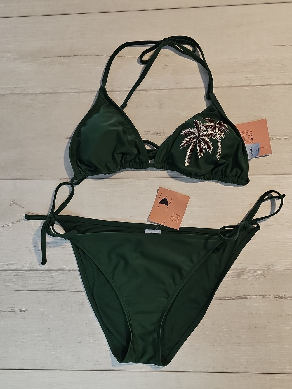 Shade & Shore Womens L Forest Green Palm Beaded Embroidered Triangle Bikini Set